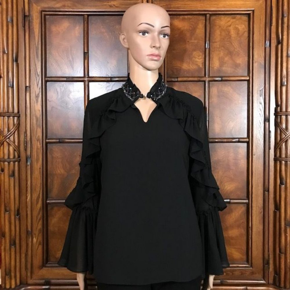 Black Ruffle Beaded Collar Poet Sleeve Chiffon Bl… - image 1